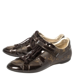 Pre Owned Louis Vuitton Monogram Canvas and Patent Leather Globe Trotter Low Top Sneakers Size 39