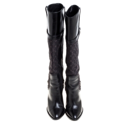 مملوكة مسبقًا Louis Vuitton Black Leather and Monogram Canvas Buckle Detail Knee Length Boots Size 37 