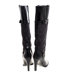 مملوكة مسبقًا Louis Vuitton Black Leather and Monogram Canvas Buckle Detail Knee Length Boots Size 37 
