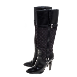 مملوكة مسبقًا Louis Vuitton Black Leather and Monogram Canvas Buckle Detail Knee Length Boots Size 37 
