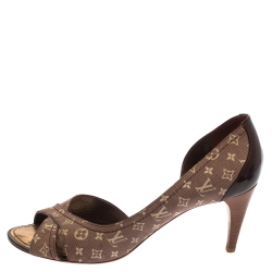 Pre Owned Louis Vuitton Burgundy/Beige Mini Lin Canvas And Patent Leather D'orsay Open Toe Pumps Size 38