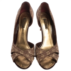 Pre Owned Louis Vuitton Burgundy/Beige Mini Lin Canvas And Patent Leather D'orsay Open Toe Pumps Size 38