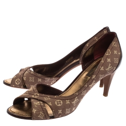 Pre Owned Louis Vuitton Burgundy/Beige Mini Lin Canvas And Patent Leather D'orsay Open Toe Pumps Size 38