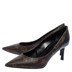 Pre Owned Louis Vuitton Brown/Black Monogram Canvas And Patent Leather Cherie Pumps Size 36.5