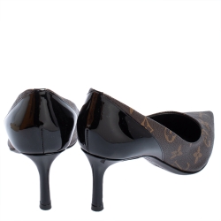 Pre Owned Louis Vuitton Brown/Black Monogram Canvas And Patent Leather Cherie Pumps Size 36.5