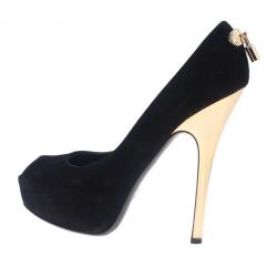 Pre Owned Louis Vuitton Black Suede Oh Really! Peep Toe Platform Pumps Size 37.5