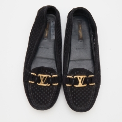 Pre Owned Louis Vuitton Black Perforated Suede Oxford Slip On Loafers Size 37