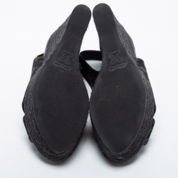 Pre Owned Louis Vuitton Black Monogram Denim Bastille Espadrilles Slingback Wedge Sandals Size 38.5