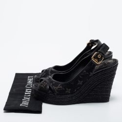 Pre Owned Louis Vuitton Black Monogram Denim Bastille Espadrilles Slingback Wedge Sandals Size 38.5