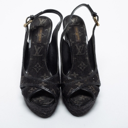Pre Owned Louis Vuitton Black Monogram Denim Bastille Espadrilles Slingback Wedge Sandals Size 38.5