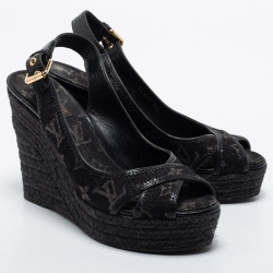 Pre Owned Louis Vuitton Black Monogram Denim Bastille Espadrilles Slingback Wedge Sandals Size 38.5