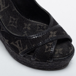 Pre Owned Louis Vuitton Black Monogram Denim Bastille Espadrilles Slingback Wedge Sandals Size 38.5