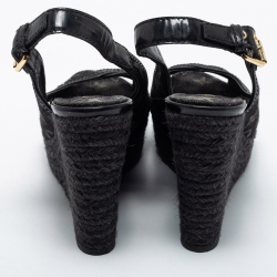 Pre Owned Louis Vuitton Black Monogram Denim Bastille Espadrilles Slingback Wedge Sandals Size 38.5