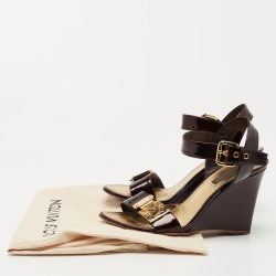 Pre Owned Louis Vuitton Brown Patent Leather Wedge Ankle Strap Sandals Size 37