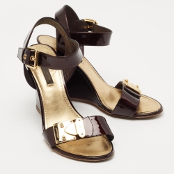 Pre Owned Louis Vuitton Brown Patent Leather Wedge Ankle Strap Sandals Size 37