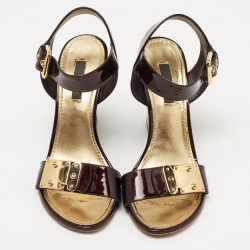 Pre Owned Louis Vuitton Brown Patent Leather Wedge Ankle Strap Sandals Size 37