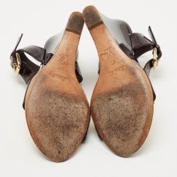 Pre Owned Louis Vuitton Brown Patent Leather Wedge Ankle Strap Sandals Size 37