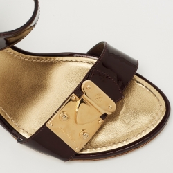 Pre Owned Louis Vuitton Brown Patent Leather Wedge Ankle Strap Sandals Size 37