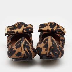 مملوكة مسبقًا Louis Vuitton Brown/Black Leopard Print Canvas Bow Scrunch Ballet Flats Size 38
