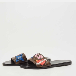 Pre Owned Louis Vuitton Brown Canvas Love Logo Slide Flats Size 39.5