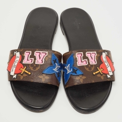 Pre Owned Louis Vuitton Brown Canvas Love Logo Slide Flats Size 39.5