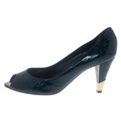Pre Owned Louis Vuitton Green Monogram Vernis No Doubt! Peep Toe Pumps Size 36.5