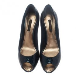Pre Owned Louis Vuitton Green Monogram Vernis No Doubt! Peep Toe Pumps Size 36.5