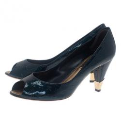 Pre Owned Louis Vuitton Green Monogram Vernis No Doubt! Peep Toe Pumps Size 36.5