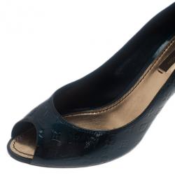 Pre Owned Louis Vuitton Green Monogram Vernis No Doubt! Peep Toe Pumps Size 36.5
