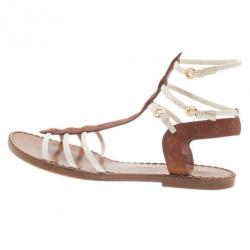 Pre Owned Louis Vuitton White and Brown Leather Key West Sandals Size 39