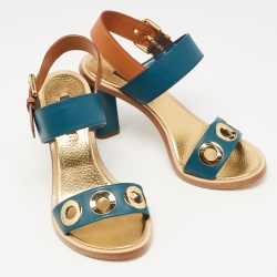 Pre Owned Louis Vuitton Teal/Brown Leather Ankle Strap Sandals Size 37
