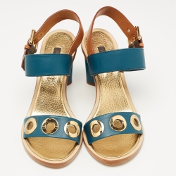 Pre Owned Louis Vuitton Teal/Brown Leather Ankle Strap Sandals Size 37