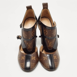 Pre Owned Louis Vuitton Brown/Black Monogram Canvas and Patent Headline Pumps Size 38