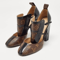 Pre Owned Louis Vuitton Brown/Black Monogram Canvas and Patent Headline Pumps Size 38