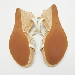 Pre Owned Louis Vuitton White/Gold Python and Monogram Embossed Leather Wedge Sandals Size 39.5