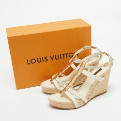 Pre Owned Louis Vuitton White/Gold Python and Monogram Embossed Leather Wedge Sandals Size 39.5
