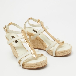 Pre Owned Louis Vuitton White/Gold Python and Monogram Embossed Leather Wedge Sandals Size 39.5