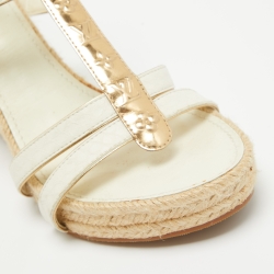 Pre Owned Louis Vuitton White/Gold Python and Monogram Embossed Leather Wedge Sandals Size 39.5