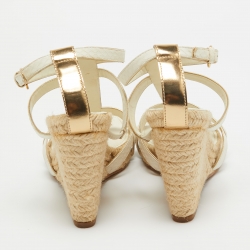 Pre Owned Louis Vuitton White/Gold Python and Monogram Embossed Leather Wedge Sandals Size 39.5