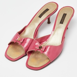 Pre Owned Louis Vuitton Pink Patent Leather Bow Open Toe Slide Sandals Size 42