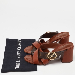 Pre Owned Louis Vuitton Brown Leather and Monogram Canvas Horizon Block Heel Slide Sandals Size 37