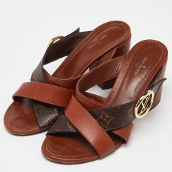 Pre Owned Louis Vuitton Brown Leather and Monogram Canvas Horizon Block Heel Slide Sandals Size 37