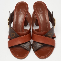 Pre Owned Louis Vuitton Brown Leather and Monogram Canvas Horizon Block Heel Slide Sandals Size 37