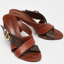 Pre Owned Louis Vuitton Brown Leather and Monogram Canvas Horizon Block Heel Slide Sandals Size 37