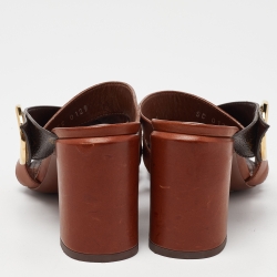 Pre Owned Louis Vuitton Brown Leather and Monogram Canvas Horizon Block Heel Slide Sandals Size 37