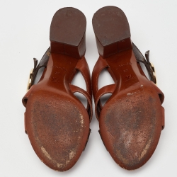 Pre Owned Louis Vuitton Brown Leather and Monogram Canvas Horizon Block Heel Slide Sandals Size 37