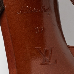 Pre Owned Louis Vuitton Brown Leather and Monogram Canvas Horizon Block Heel Slide Sandals Size 37