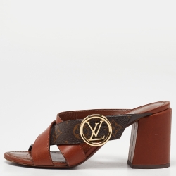 Pre Owned Louis Vuitton Brown Leather and Monogram Canvas Horizon Block Heel Slide Sandals Size 37