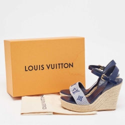 مملوكة مسبقًا Louis Vuitton Navy Blue Monogram Canvas and Leather Sail Away Wedge Sandals Size 38