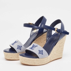 مملوكة مسبقًا Louis Vuitton Navy Blue Monogram Canvas and Leather Sail Away Wedge Sandals Size 38